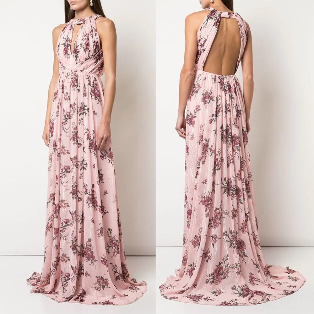 MARCHESA NOTTE Halter A-Line GOWN DRESS 6 Floral Lurex Chiffon Blush Pink $395